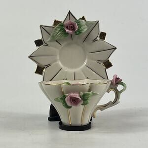 Limoges France Porcelain Rose Cup Saucer Set Gold Trim Starburst Pedal Design